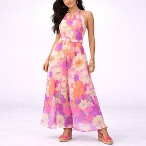 70s Vintage Floral Wide Leg Jumpsuit Halter Neck XS Pink Orange Maxi Dress